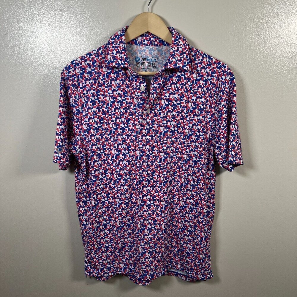 IBKul Chaos Short Sleeve Polo Mens Size Small Blue Pink Golf Cooling Active